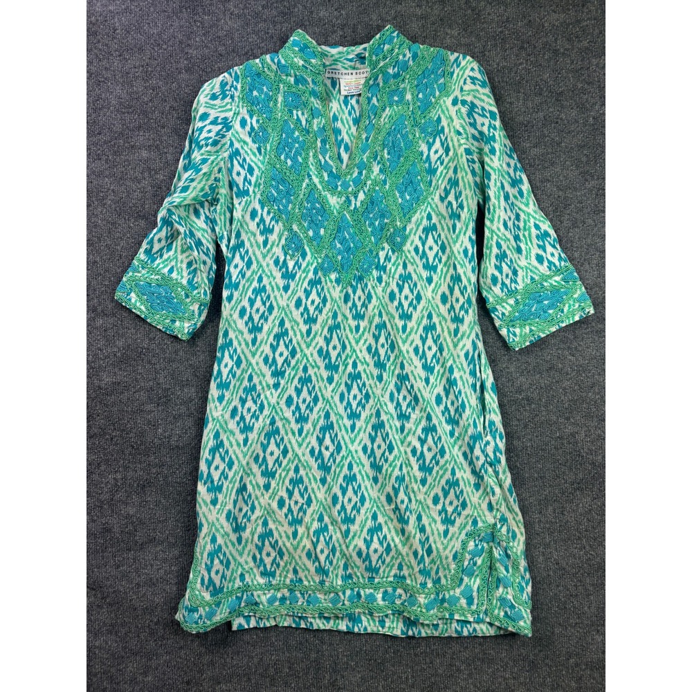 Gretchen Scott Dress Women Size S Turquoise Ikat Embroidered Cotton Pocket Top